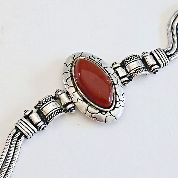 Statement Bracelet Chunky Southwestern Style Brown Silvertone Aztec Tribal Boho - Picture 1 of 9